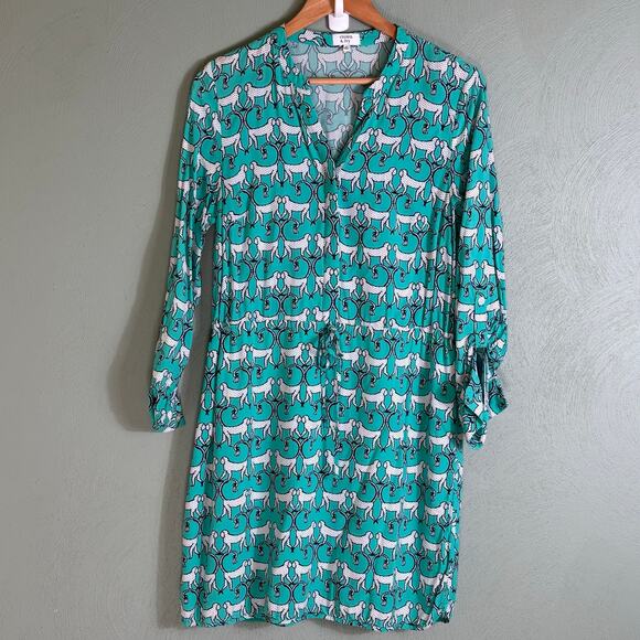 Crown & Ivy Women Size 10 Green Animal Print Monkey Drawstring Waist Shirt Dress - Picture 8 of 9